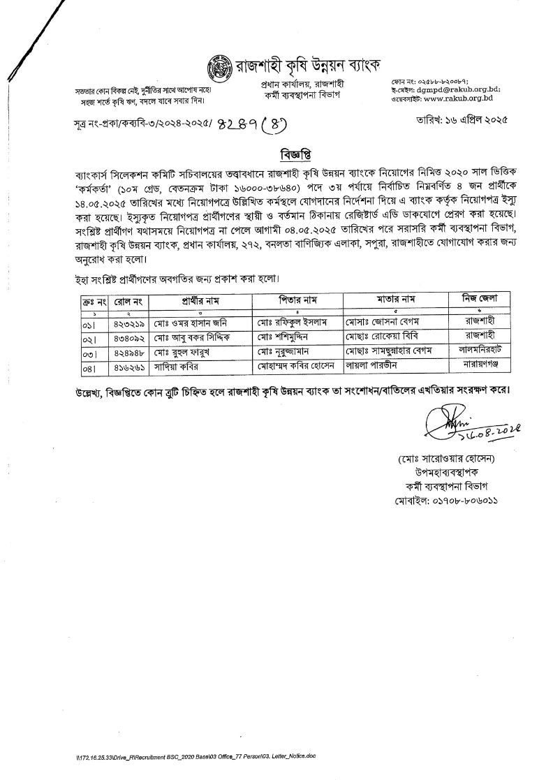 Rajshahi Krishi Unnayan Bank Job Circular 2025