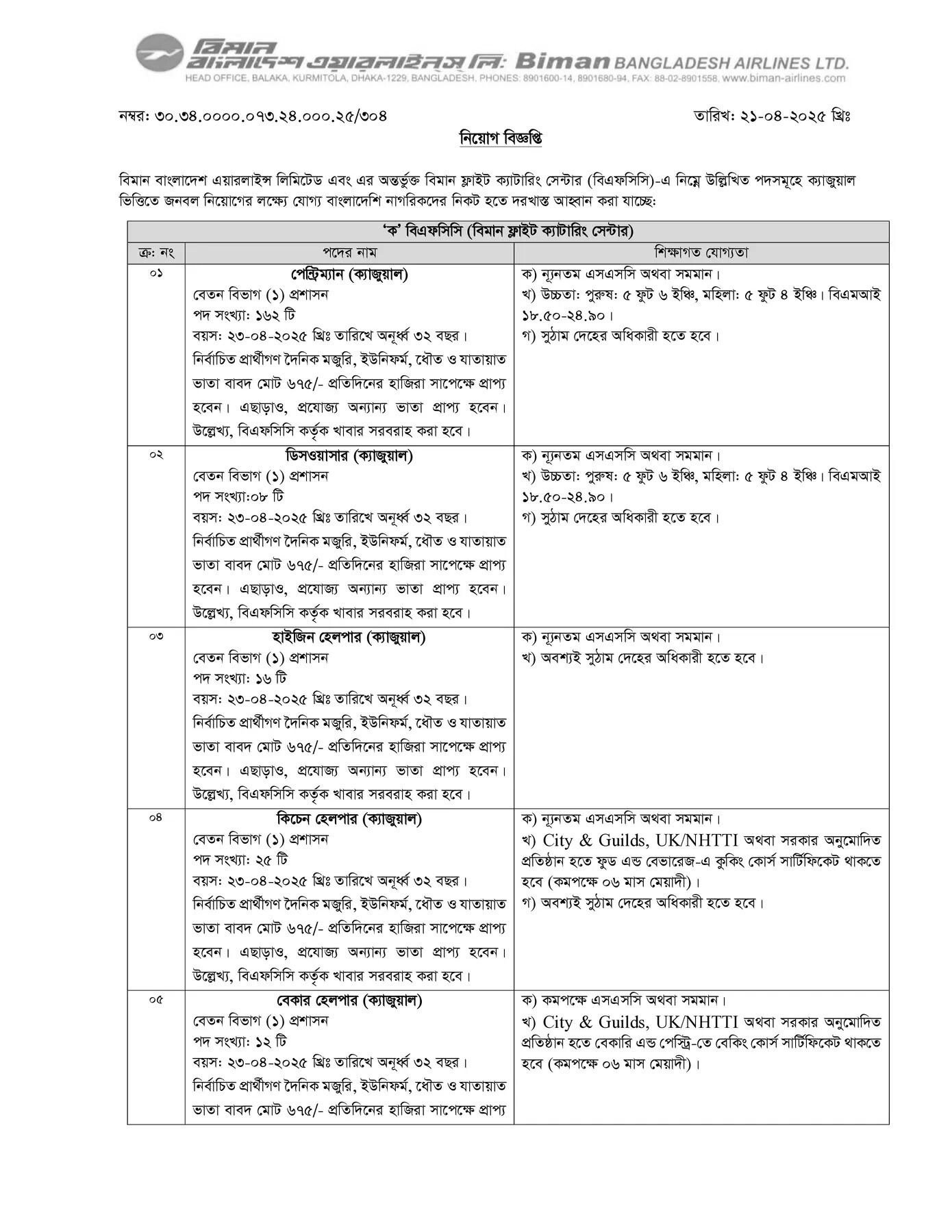 বিমান বাংলাদেশ এয়ারলাইন্স নিয়োগ বিজ্ঞপ্তি
